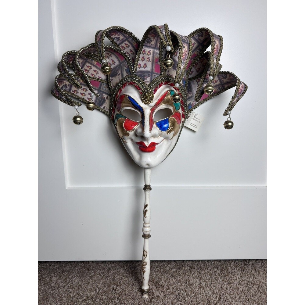 Maschera Del Galeone Venetian Jester Mask Italy Hand Painted Handle Bells